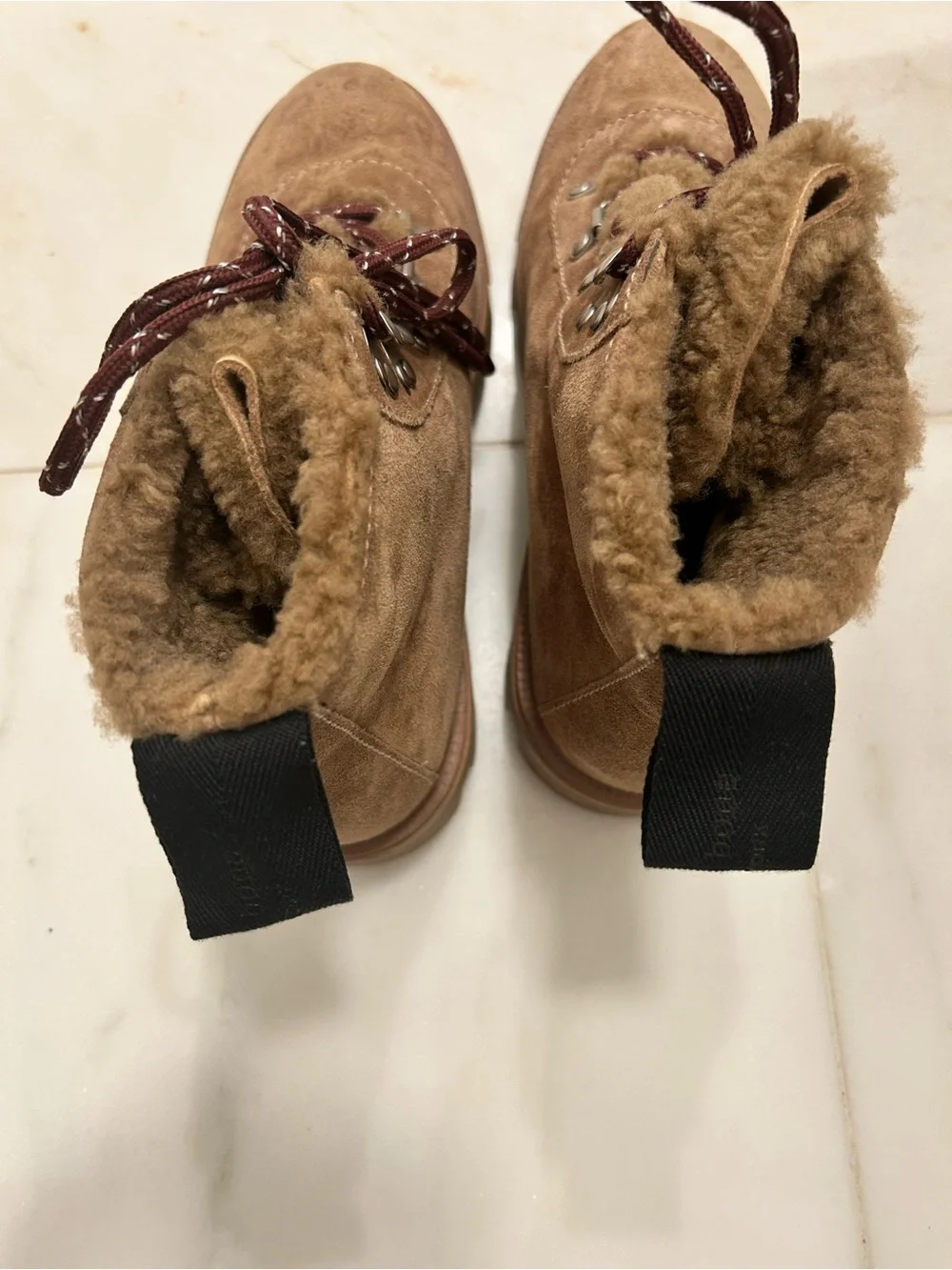 rag & bone Tan Suede Lace-Up Lug Boot with Shearling Collar